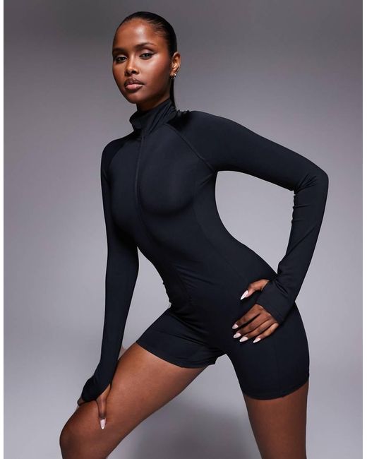 4505 Blue Active Quick Dry Running Zip Up Romper With Zip Phone Pocket And Back Vent
