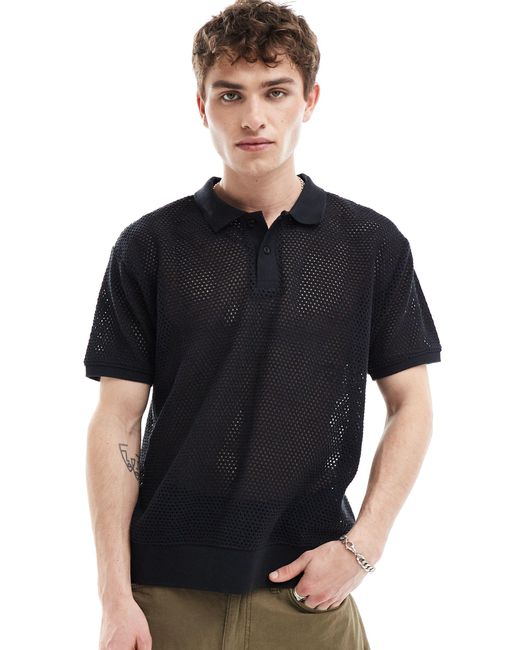 Obey Black Open Stitch Knitted Polo for men