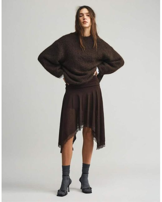 Pull&Bear Asymmetrische Midi Rok Van Kant in het Black