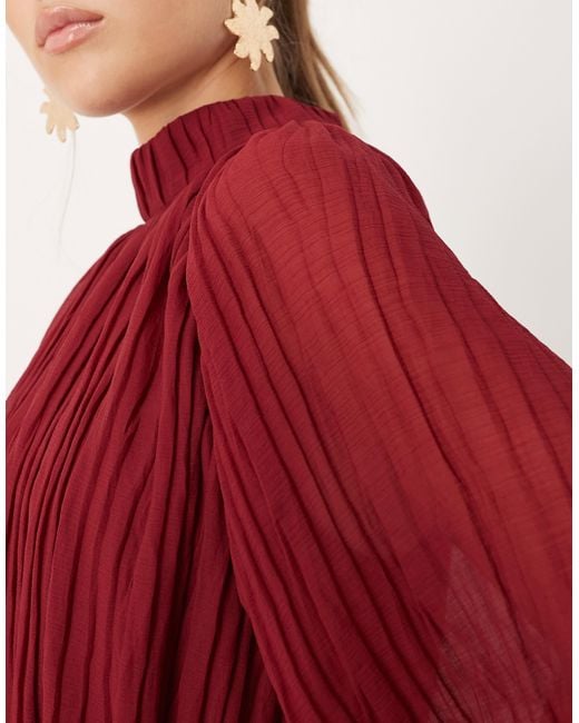 ASOS Red High Neck Crinkle Maxi Dress With Blouson Sleeve