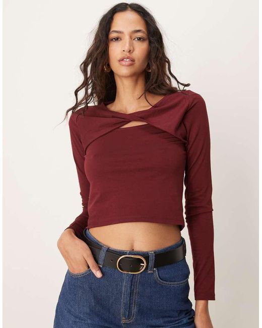 ASOS Red Ribbed Long Sleeve Twist Front Detail Top