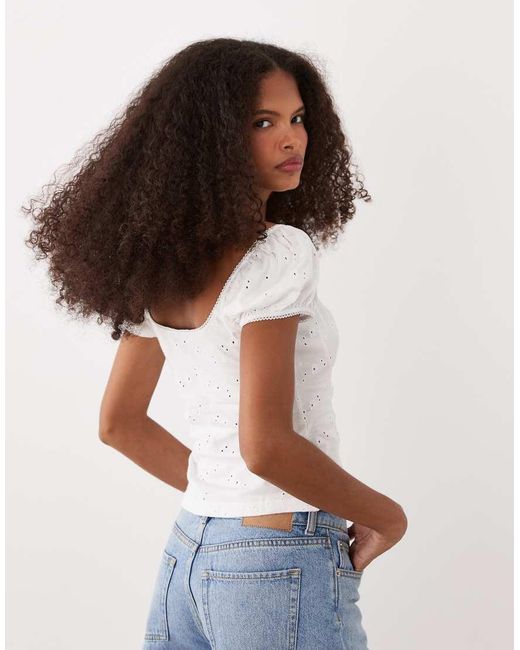 ASOS White Puff Sleeve Milk Maid Jersey Broderie Tee