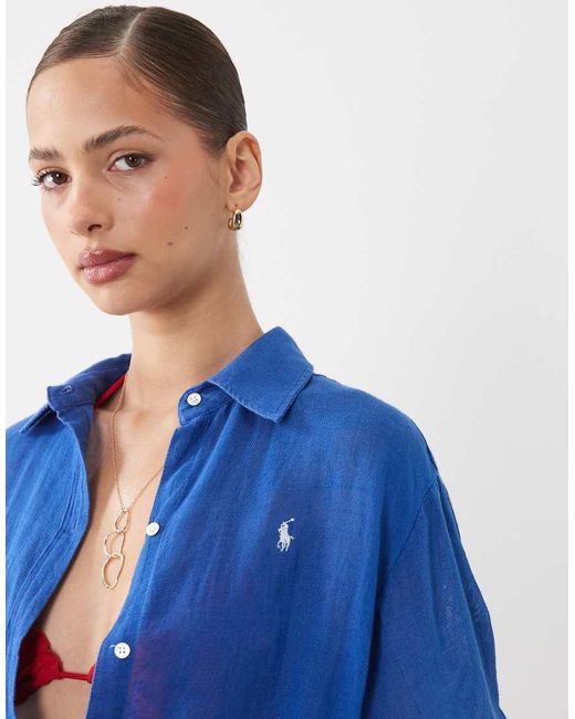 Polo Ralph Lauren Blue Oversized Cotton Linen Boyfriend Shirt