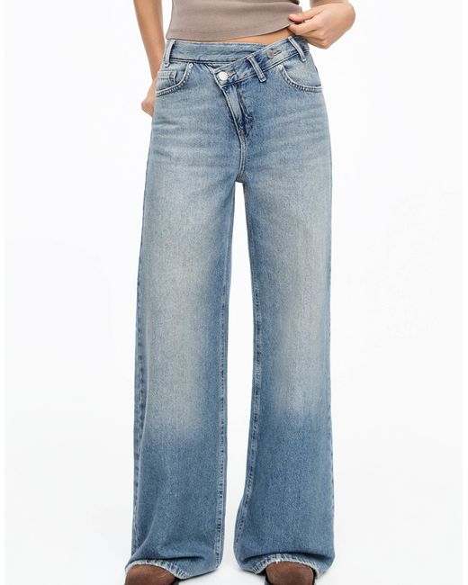 Pull&Bear Blue Crossover Waist Mid Rise Wide Leg Jean
