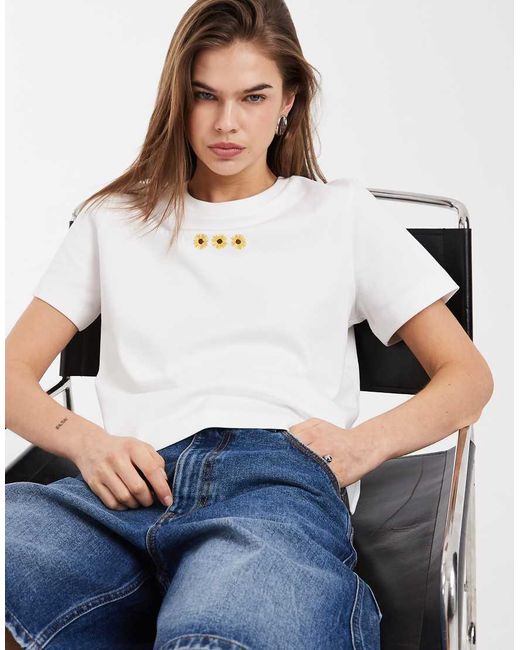 Vero Moda White Boxy Tee With Embroidered Sunflower Graphic