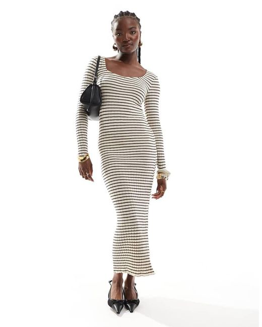 Pieces White Long Sleeve Square Neck Ribbed Maxi Dress