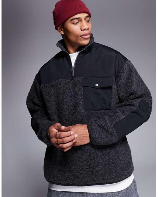 ASOS Oversized Borg Half Zip Sweatshirt With Contrast Nylon Detail in Blue for Men Lyst UK