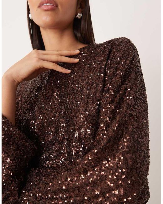 Gina Tricot Brown Long Sleeve Sequin Low Back Mini Dress