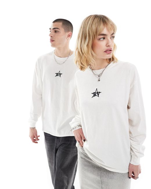 Reclaimed (vintage) Natural Unisex Long Sleeve Top With Star Logo Embroidery