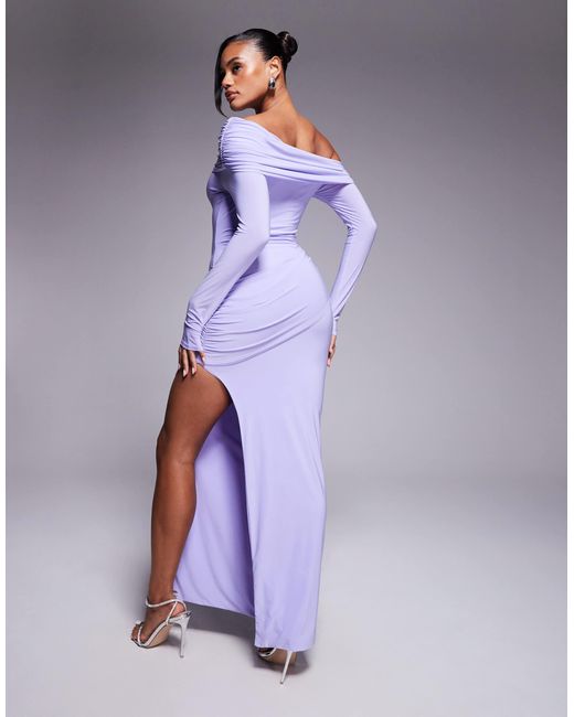 Missy Empire Purple Double Sculpted Slinky Asymmetric Fold Over Shoulder Drape Detail Bodycon Maxi Dress