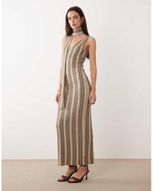 Pretty Lavish Natural Tierra Sparkle Stripe Knit Maxi Dress With Scarf