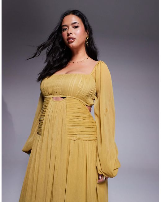 ASOS Metallic Asos Design Curve Long Sleeve Cut Out Maxi Dress With Ruched Skirt