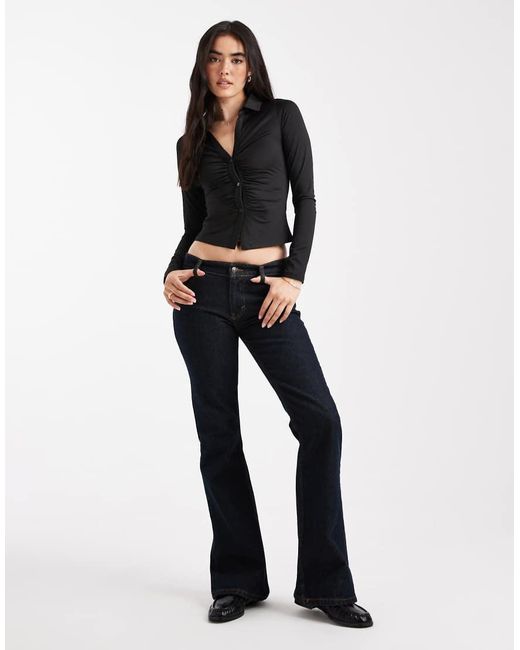ASOS Black Slinky Ruched Fitted Long Sleeve Shirt