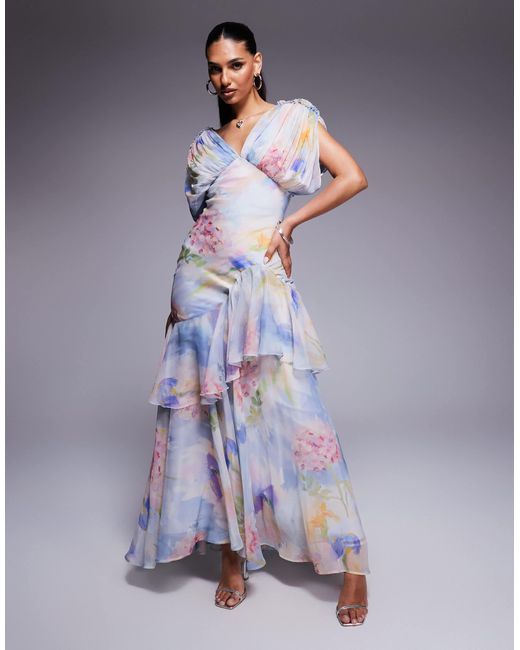 ASOS Blue Blouson Bias Maxi Dress With Ruffle Hem