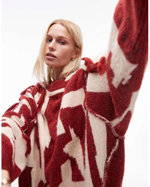 TOPSHOP Red Knitted Tassel Patchwork Oversized Jumper