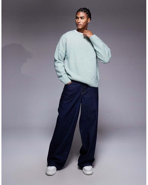 ASOS Blue Oversized Knitted Crew Neck Wool Blend Jumper for men