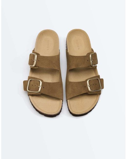 Oysho Brown Buckle Split-Leather Sandal