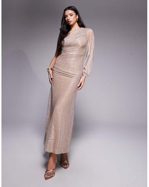 Forever New Metallic Plisse One Shoulder Ruched Maxi Dress