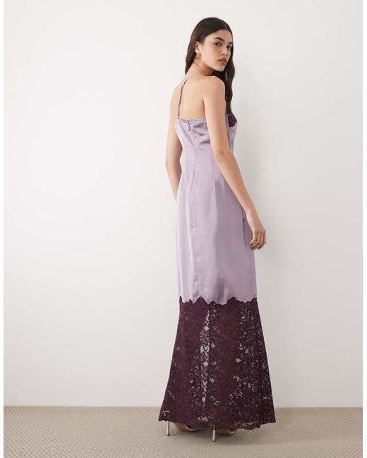 Six Stories Purple One Shoulder Thigh Split Satin And Lace Mix Maxi Dress