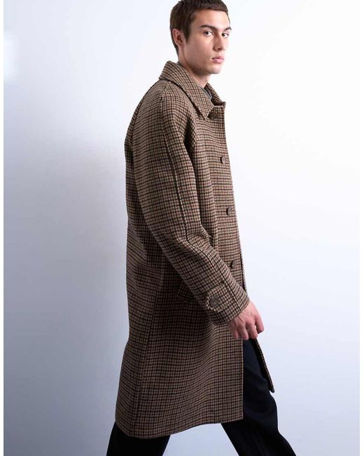 Topman Brown Oversized Brushed Plaid Overcoat With Wool for men