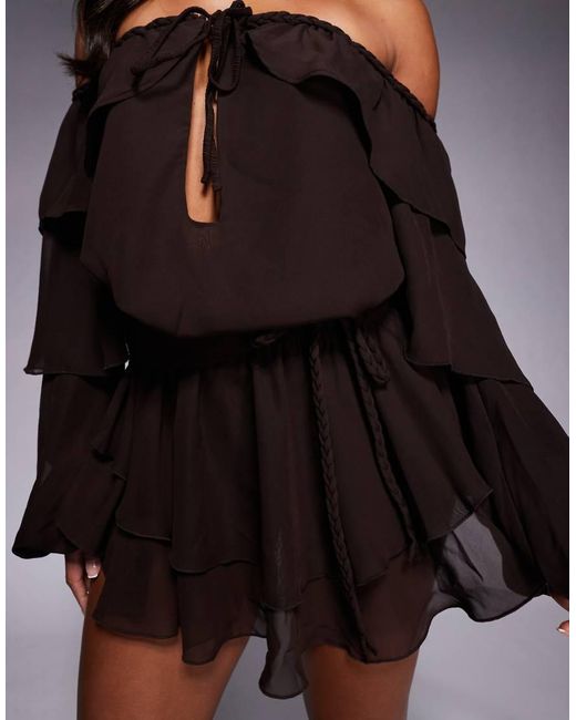 Murci Brown Chiffon Bardot Tiered Ruffle Mini Dress