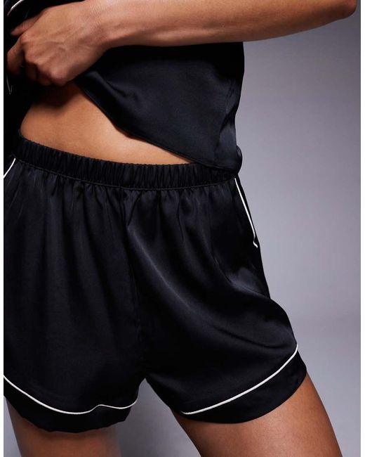 Boux Avenue Black Luxe Satin Revere Top And Shortie Set With Piping Detail