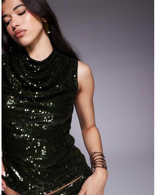 ASOS Black Sheer Sequin Cowl Neck Set Top