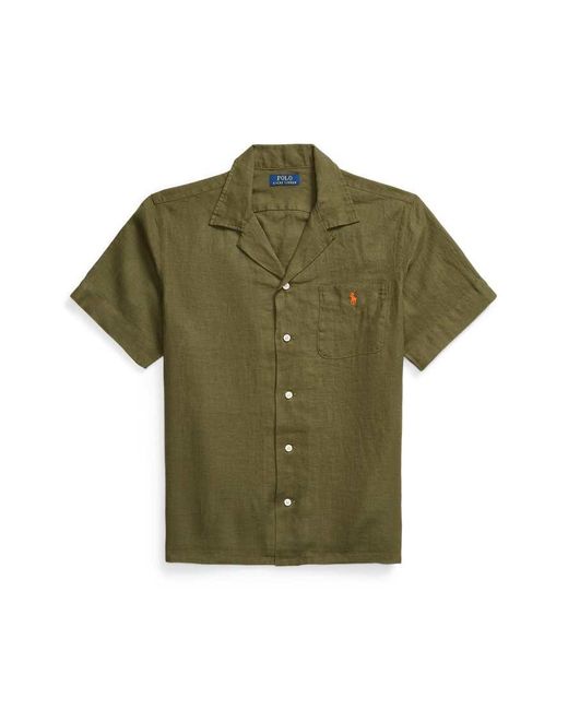 Polo Ralph Lauren Green Icon Logo Short Sleeve Revere Collar Linen Shirt Classic Oversized Fit for men
