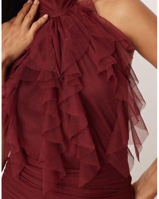 LACE & BEADS Red Backless Ruffle Maxi Dress
