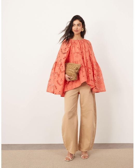 ARRANGE Red Oversized Organdi Broderie Smock Top