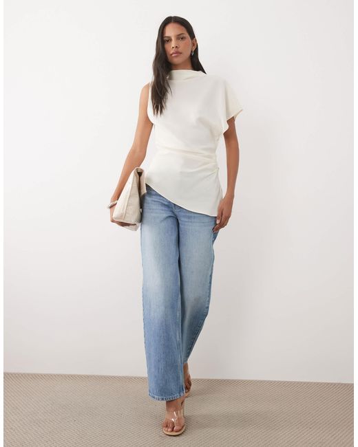 Mango White Asymmetric High Neck Blouse