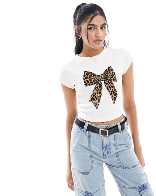 ASOS White Rib Baby Tee With Leopard Bow Graphic