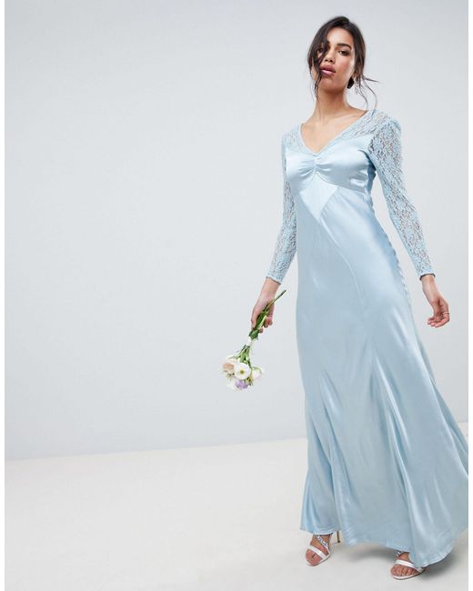 Ghost Blue Bridesmaid Maxi Dress With Lace Sleeves