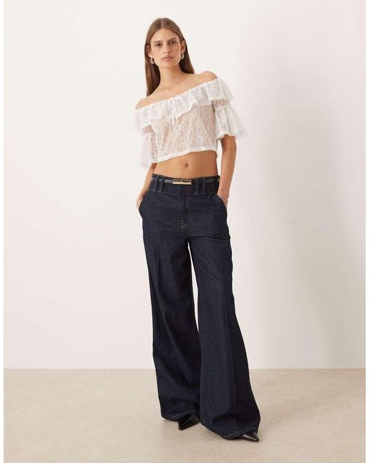 ASOS Natural Sheer Lace Ruffle Bardot Crop Top