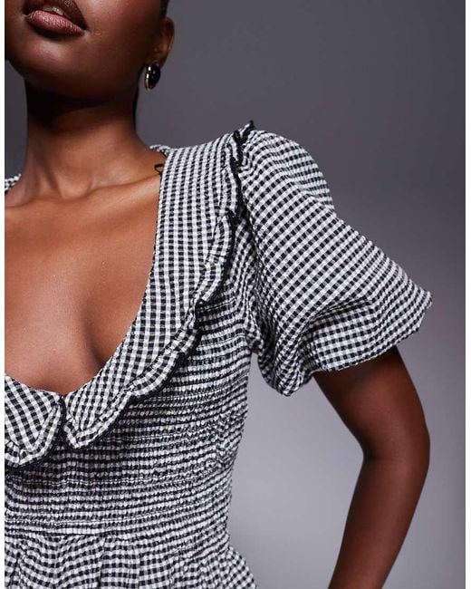 River Island Gray Puff Sleeve Gingham Shirred Top