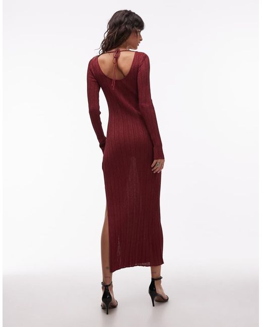 & Other Stories Red Glitter Rib Boat Neck Long Sleeve Midi Dress
