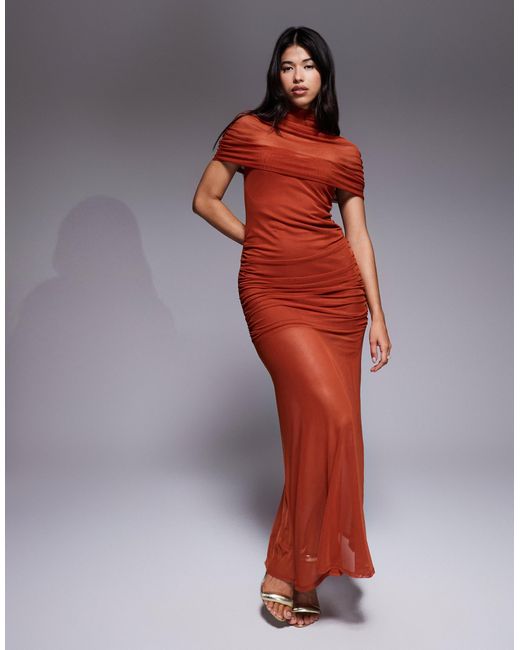 ASOS Red Highneck Mesh Overlay Maxi Dress With Sheer Skirt