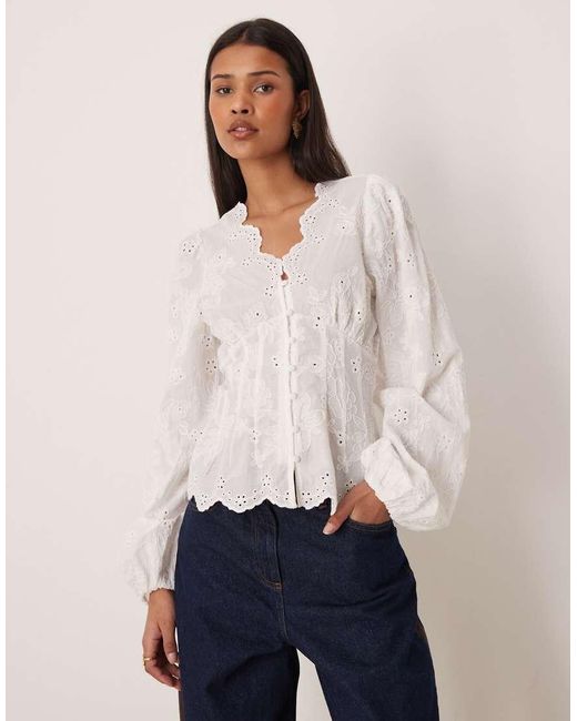 Gina Tricot White V-neck Broderie Blouse