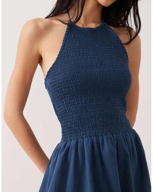 esmé studios Blue Shirred Detail Halter Mini Beach Dress