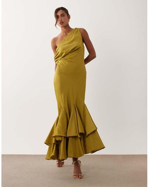 ASOS Green Fallen Shoulder Midaxi Dress With Asymmetric Godet Hem