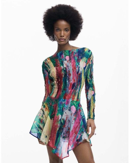 Desigual Blue Ruched Asymmetric Dress