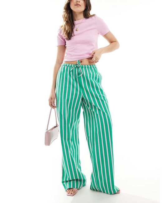 Pimkie Green Poplin Drawstring Tie Waist Wide Leg Trousers