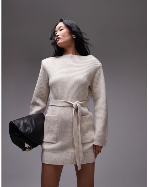 Robe côtelée courte en coton et laine mélangés avec taille nouée - crème & Other Stories en coloris Brown