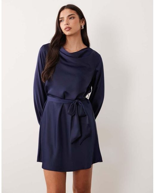 Y.A.S Blue High Neck Long Sleeve Satin Mini Dress