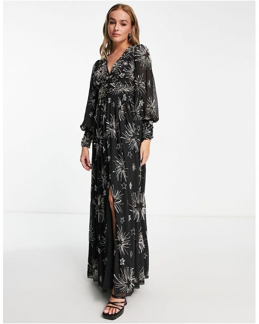 Miss Selfridge Black Premium Embellished Long Sleeve Maxi Dress With Star Detail
