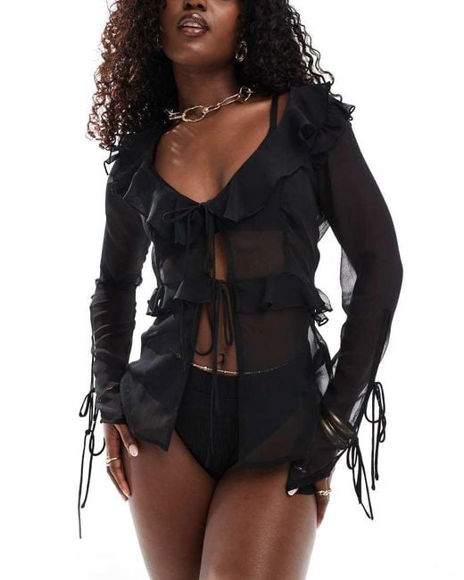 Miss Selfridge Black Beach Chiffon Tie Front Cover Up