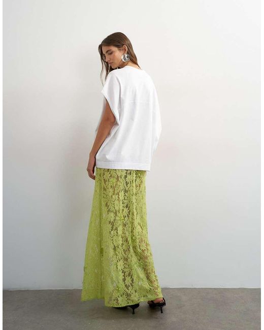 TOPSHOP Green Embellished Floral Lace Maxi Skirt