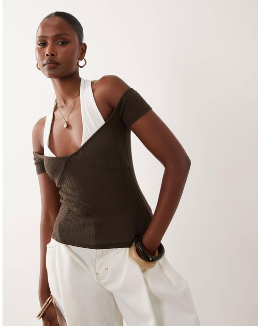 ASOS Natural Ribbed Double Layer Halter Neck Top