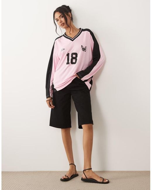Kaiia Pink Oversized Long Sleeve Football Jersey
