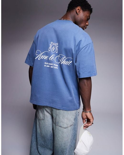 River Island Blue Oversized Ame Le Nuit Script T-Shirt for men
